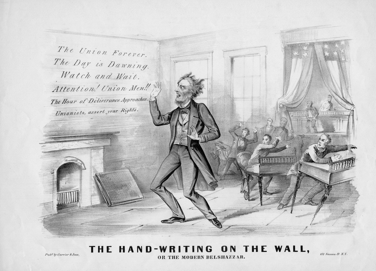 Håndskriften på veggen, eller, The modern Belshazzar, utgitt av Currier & Ives, New York, ca. 1864 av American School