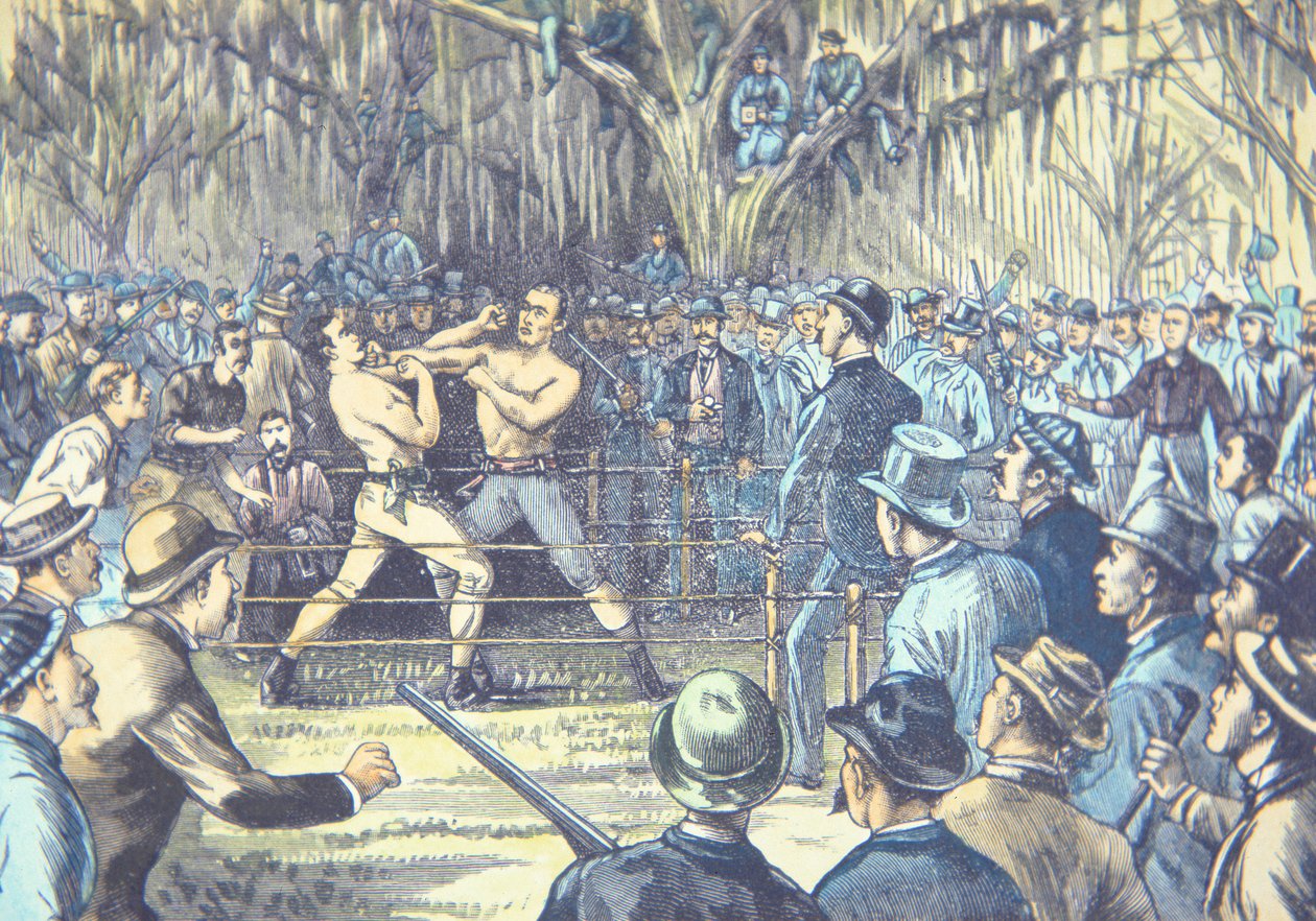 Den siste kamp i boksing med bare knoke i 1889, John L. Sullivan v. Jake Kilrain i Richburg, Mississippi (farge litho) av American School