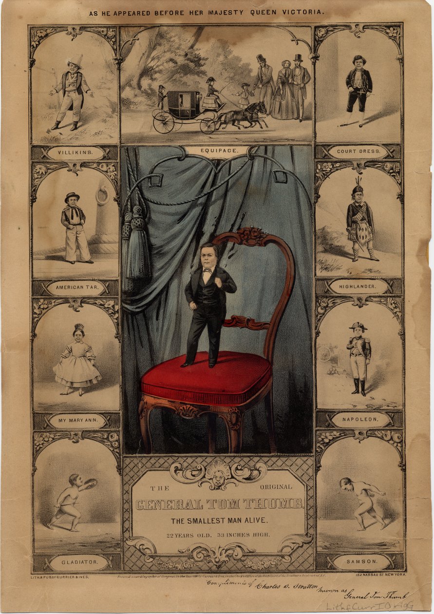 Den originale General Tom Thumb: den minste mannen i live, pub. av Currier & Ives, 1860 av American School