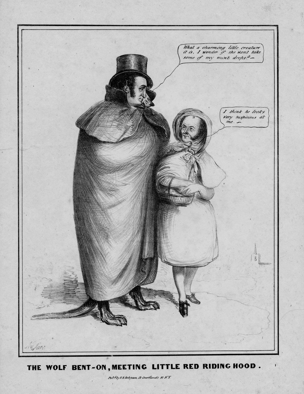 Ulven bøyd på, møter Rødhette, utgitt av H R Robinson, New York, ca. 1840 av American School