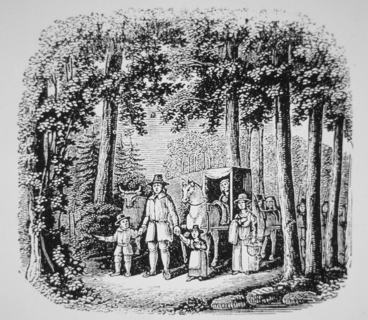 Thomas Hooker leder sognebarnene sine inn i Connecticuts villmark (litho) av American School