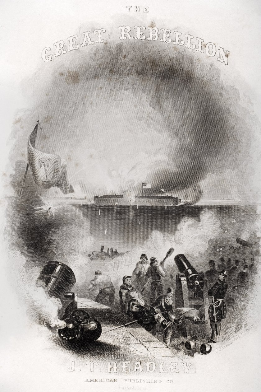 Tittelsideillustrasjon av angrepet på Fort Sumter i 1861, fra 'The Great Rebellion' av JT Headley, publisert 1866 av American School