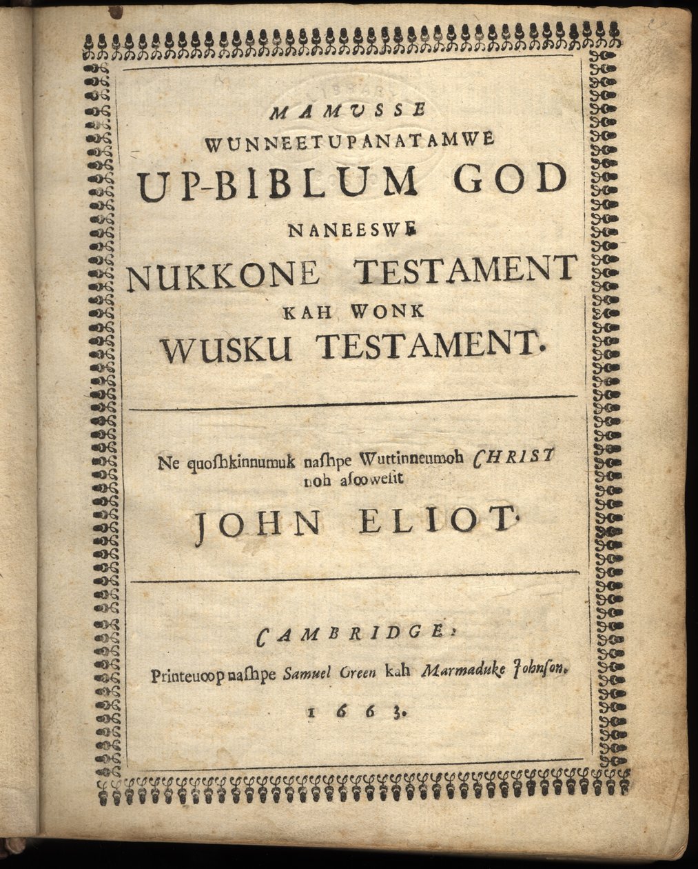 Tittelside til Mamusse wunneetupanatamwe Up-Biblum Good, 1663 av American School