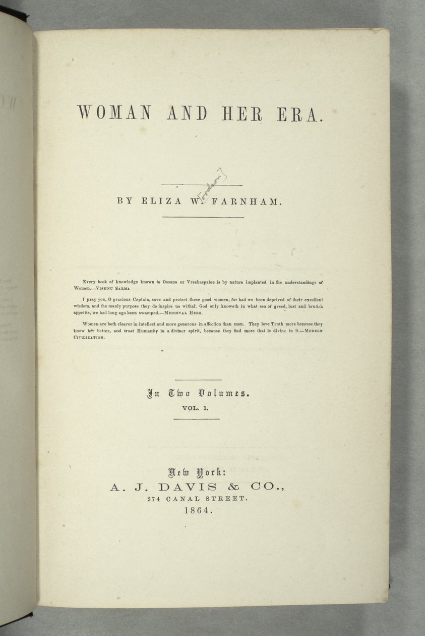 Tittelside for Women and Her Era av Eliza Wood Farnham (1815-64) utgitt i New York, 1864 (trykk) av American School