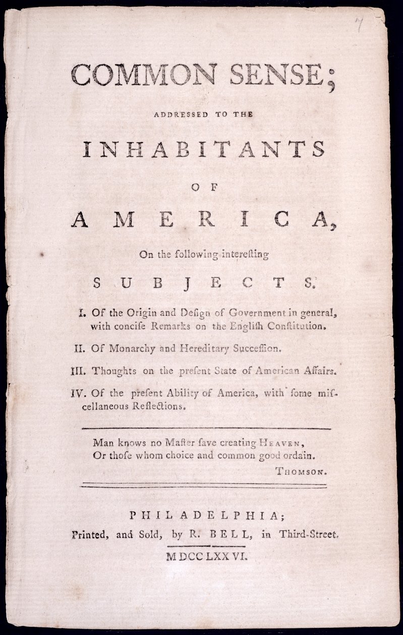 Tittelside til sunn fornuft av Thomas Paine (1737-1809) 1776 (trykk) av American School