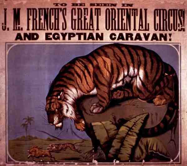 "Å bli sett i J.M. Frenchs store orientalske sirkus og egyptiske karavane" (farge litho) av American School