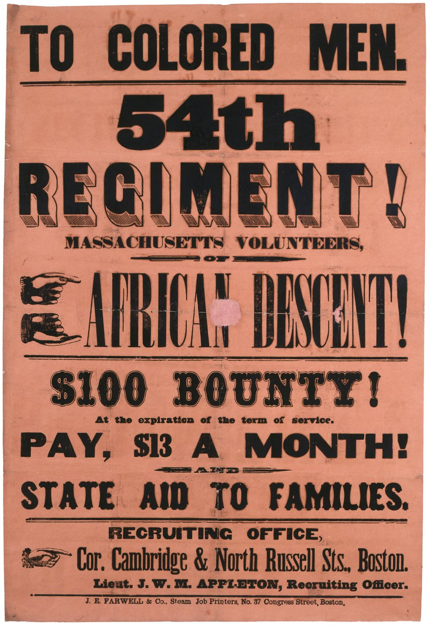 Til fargede menn. 54. regiment! Massachusetts Volunteers, av afrikansk avstamning, 1863 av American School