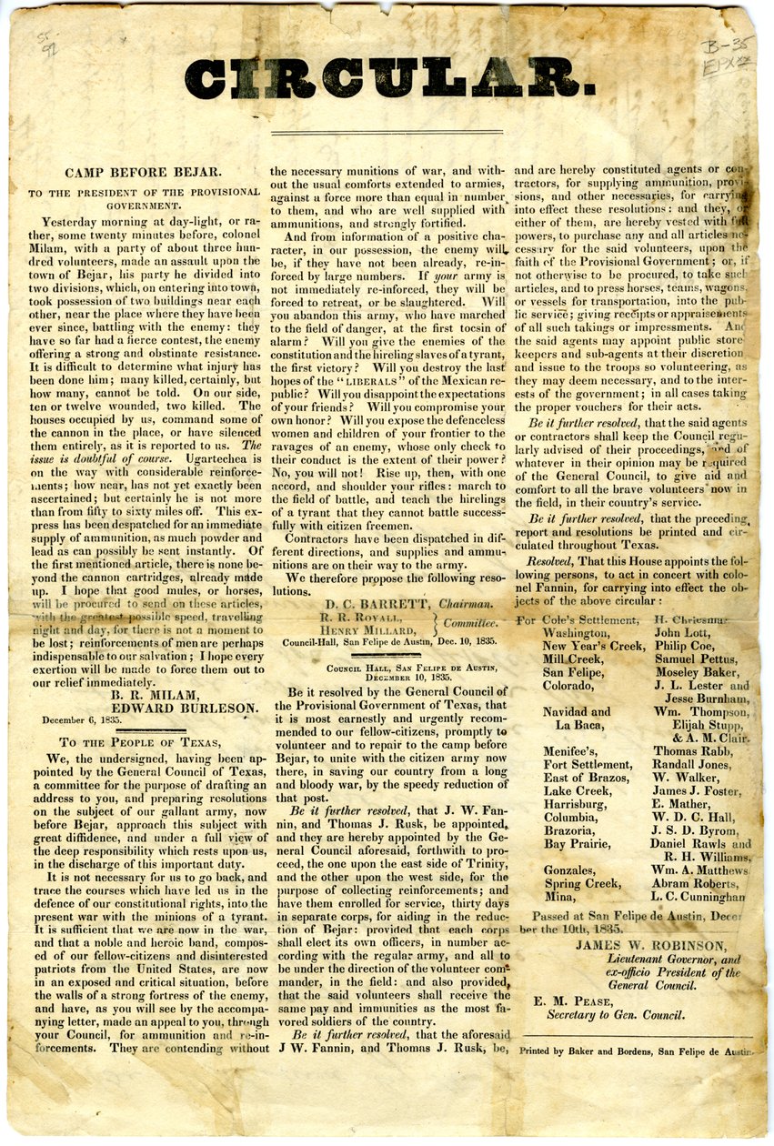 Til The People of Texas om: beleiring av meksikansk garnison ved San Antonio de Bexar, 10. desember 1835 av American School