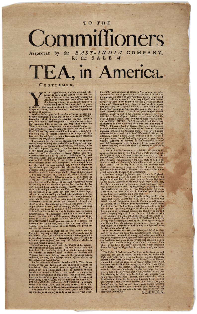 Til kommisjonærene utnevnt av East-India Company, for salg av te, i Amerika, signert Scaevola, 1773 av American School