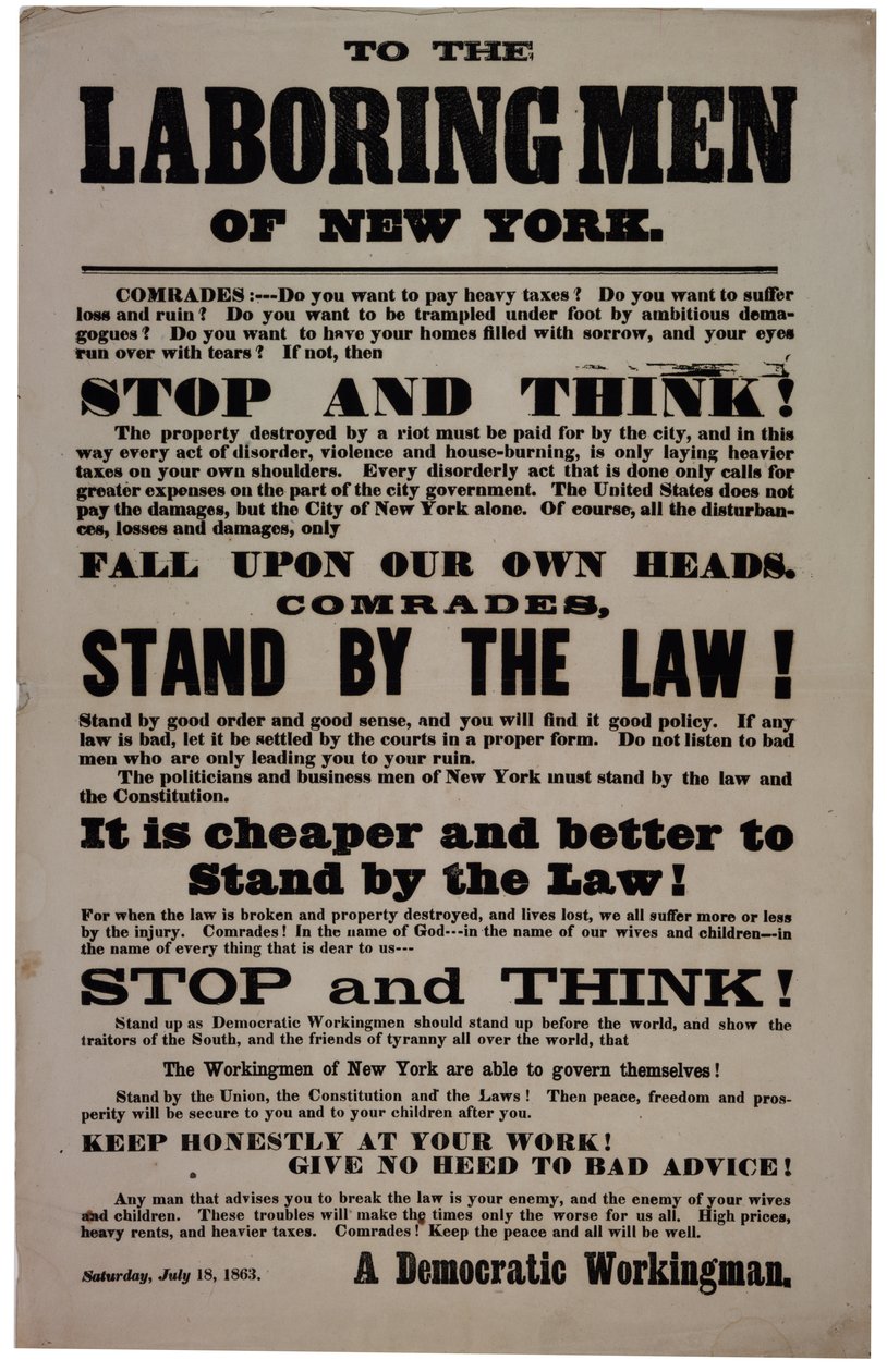 Til Laboring Men of New York, 18. juli 1863 av American School