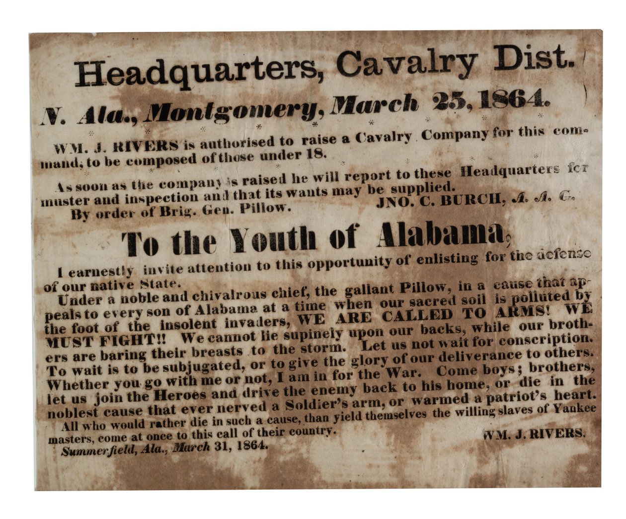 Til ungdommen i Alabama: Vi roper til våpen! (rekruttering bredside), 25. mars 1864 av American School