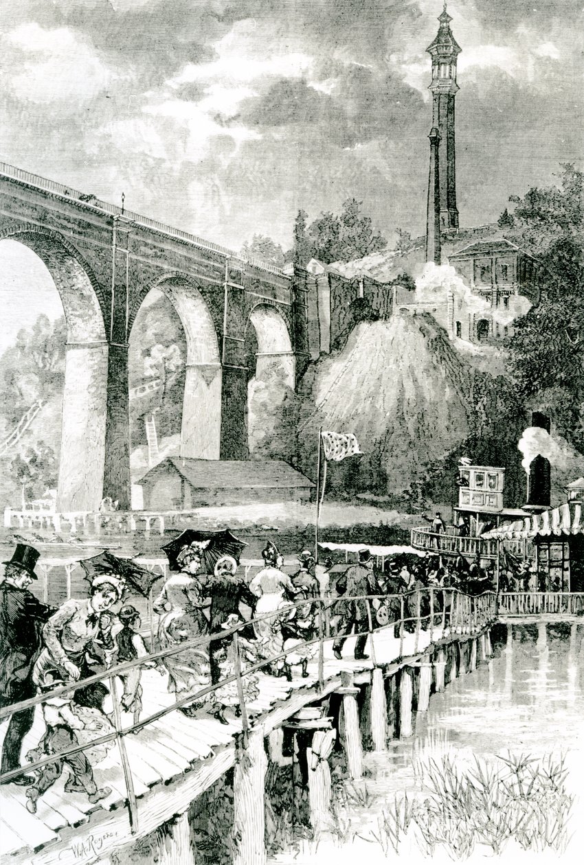 Turister som vender tilbake til dampbåten deres på Harlem River, med High Bridge til venstre, gravert av WA Rogers for Harpers Weekly, 24. juli 1880 av American School