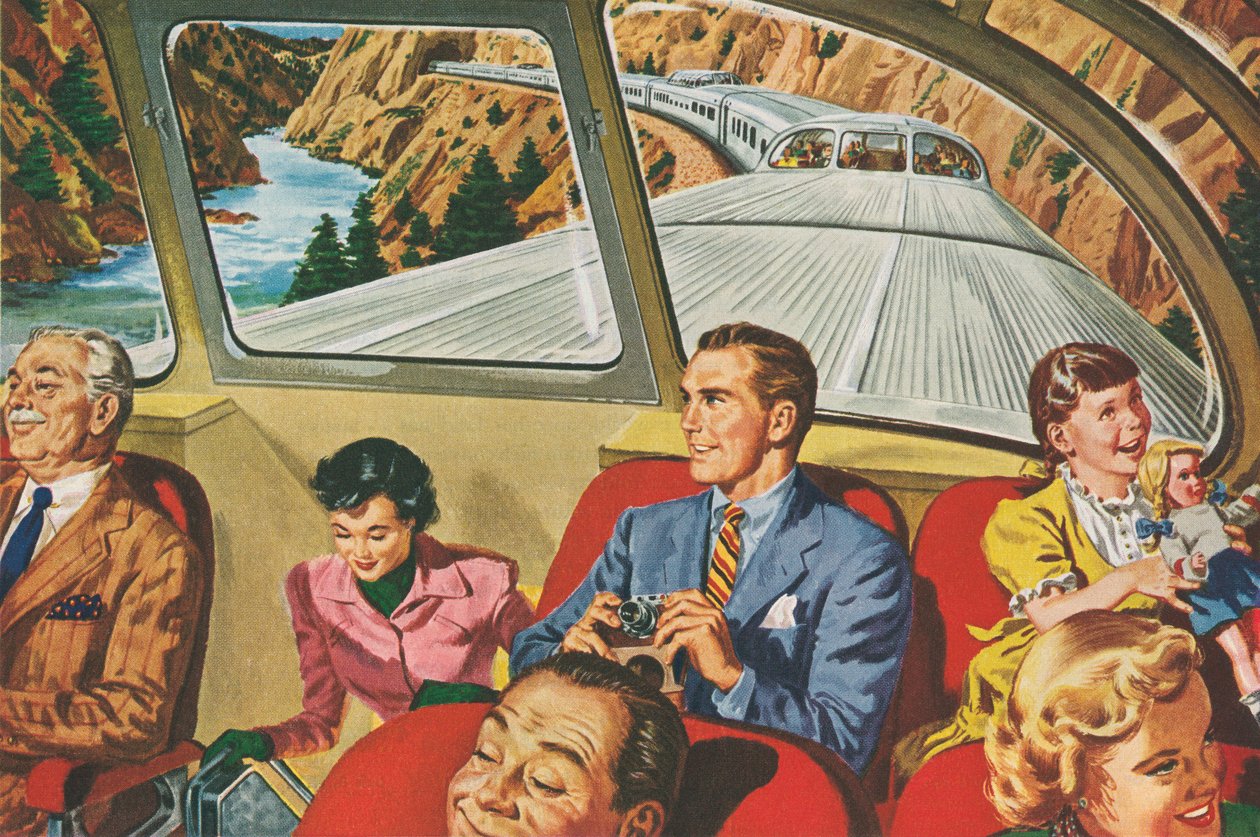 Reisende som nyter en futuristisk togtur av American School