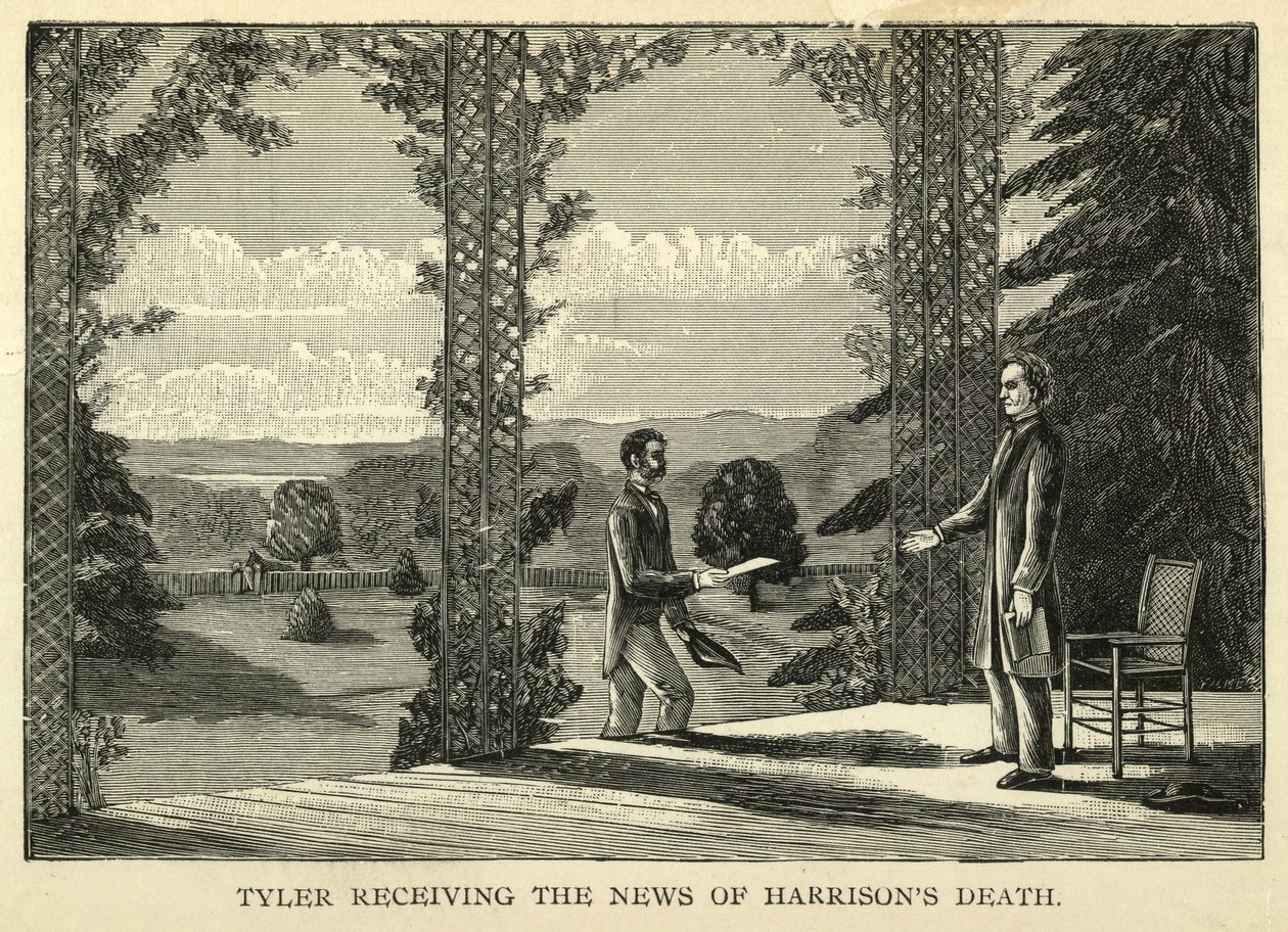 Tyler mottar nyheten om Harrisons død, pub.1888 (gravering) av American School