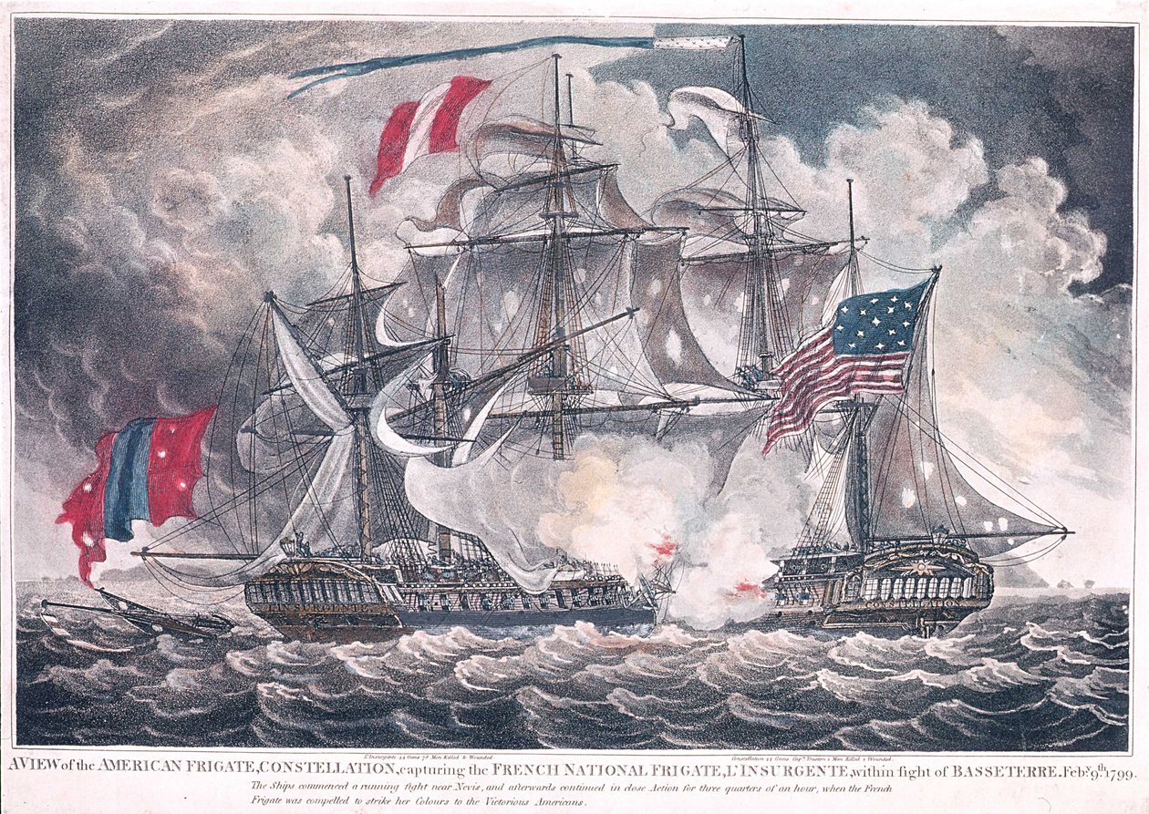 US Fregate Constellation fanger LInsurgente i Vest-India i slaget ved Basseterre, 9. februar 1799, publisert i 1800 av American School