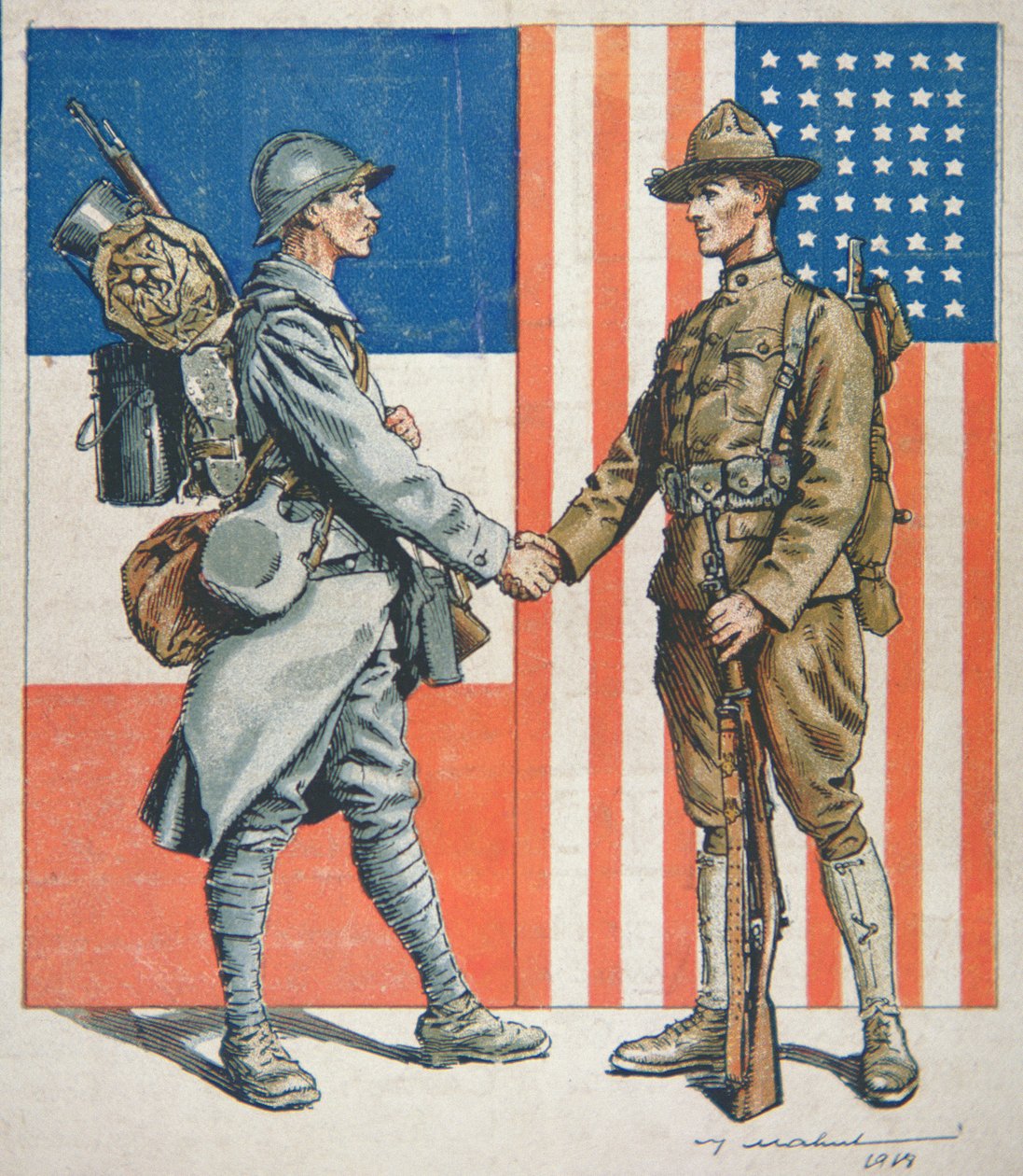 Amerikansk soldat håndhilser på en fransk soldat, USAs inntreden i første verdenskrig av American School