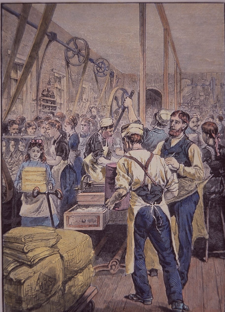 Amerikansk tekstilindustri, tekstilfabrikk i nord, ca. 1870 (farget gravering) av American School