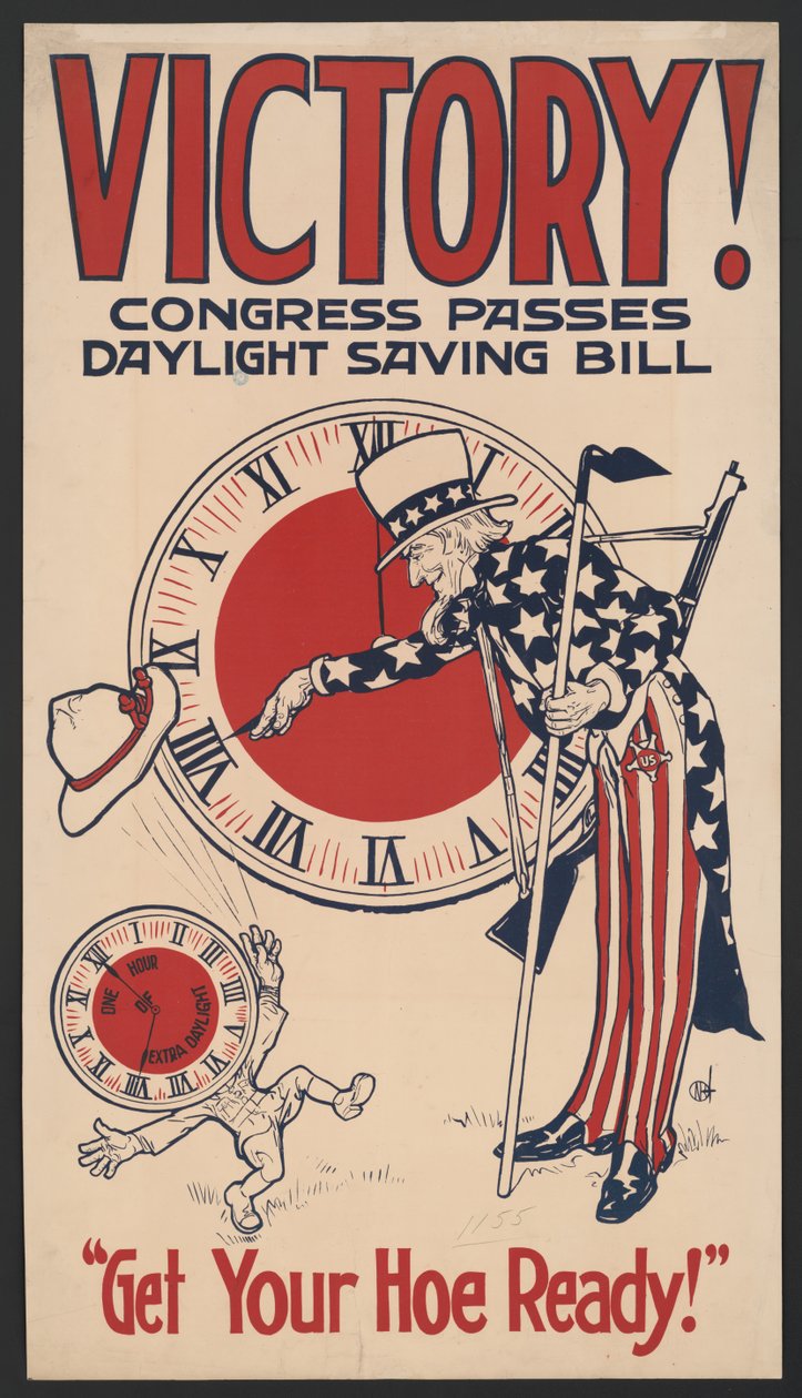 Onkel Sam snur klokken tilbake, seier! Kongressen vedtar sommertidsforslaget, gjør deg klar!, sommertidsplakat under første verdenskrig, USA, 1918 av American School