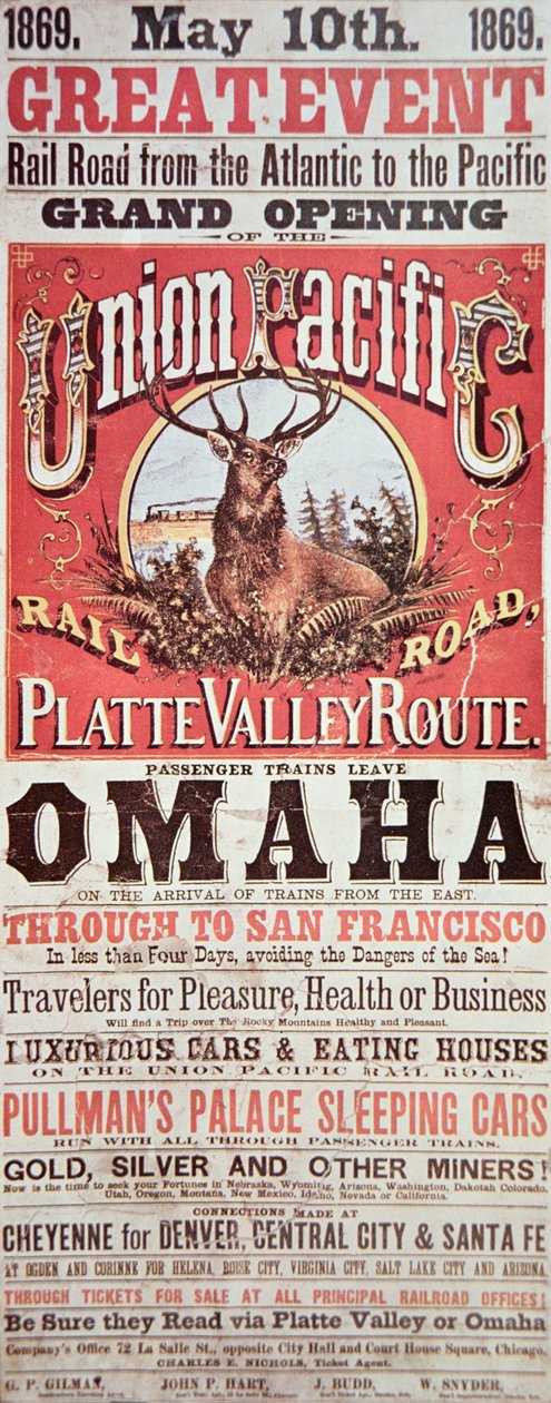 Union Pacific Railroad-plakat som annonserer den første transkontinentale jernbanen over hele USA av American School