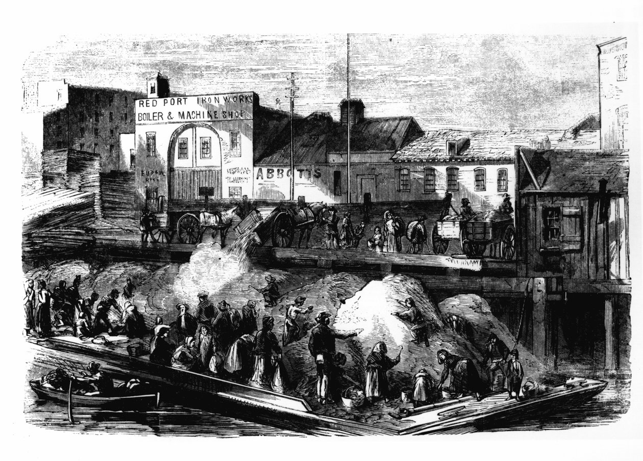 Omstreifere plukker filler for å selge fra søppelplassen Beach Street, New York, ca. 1870 av American School