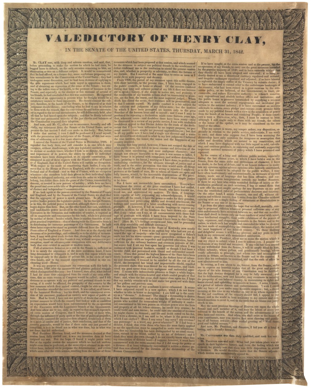 Valedictory of Henry Clay, i Senatet i USA, 31. mars 1842 av American School