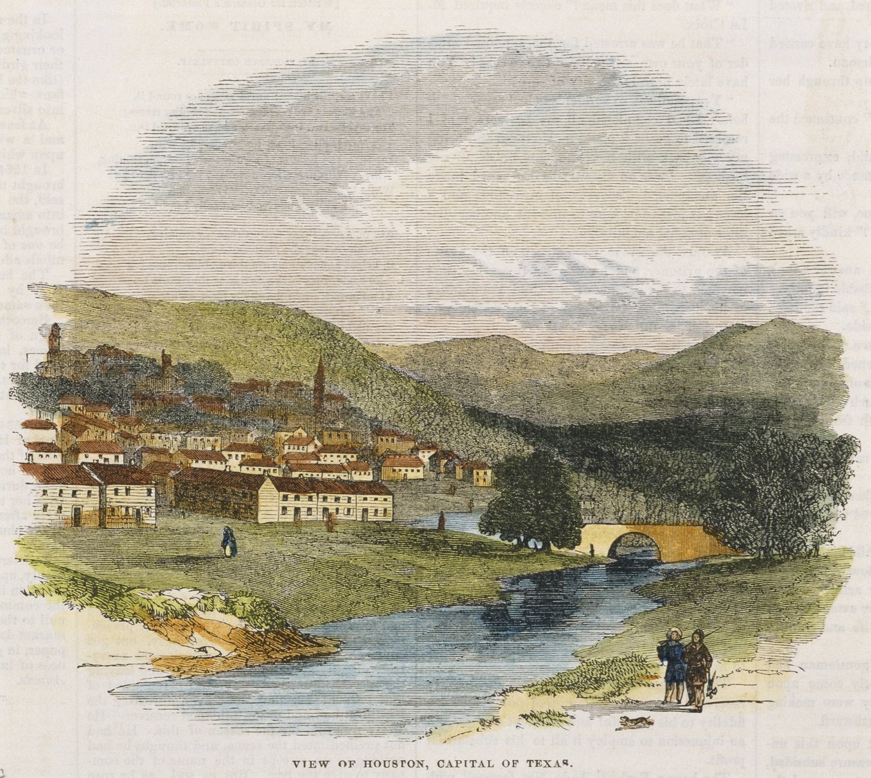 Utsikt over Houston, hovedstaden i Texas, ca. 1852 (håndfarget tregravering) av American School