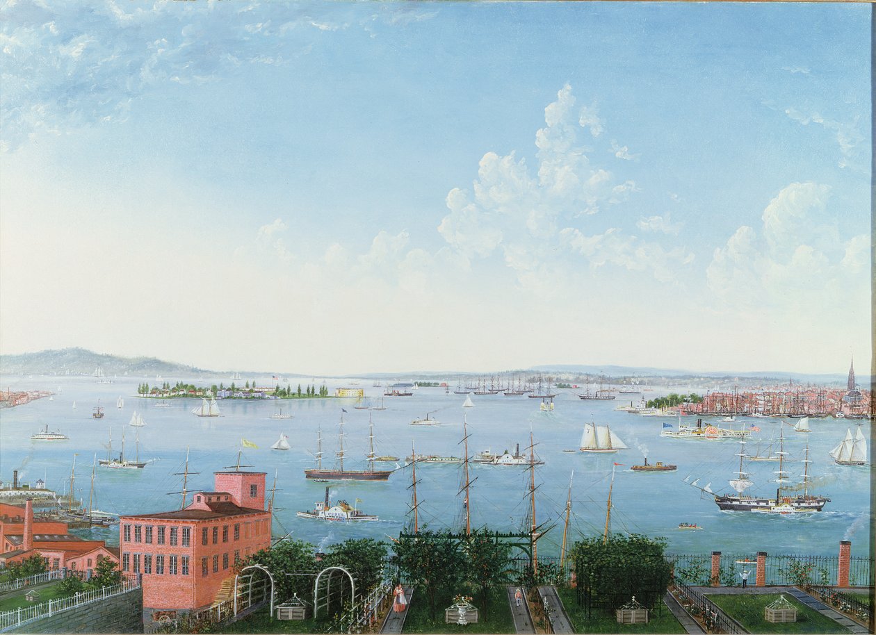 Utsikt over New York Harbour fra Brooklyn Heights, ca. 1860 (olje på lin) av American School