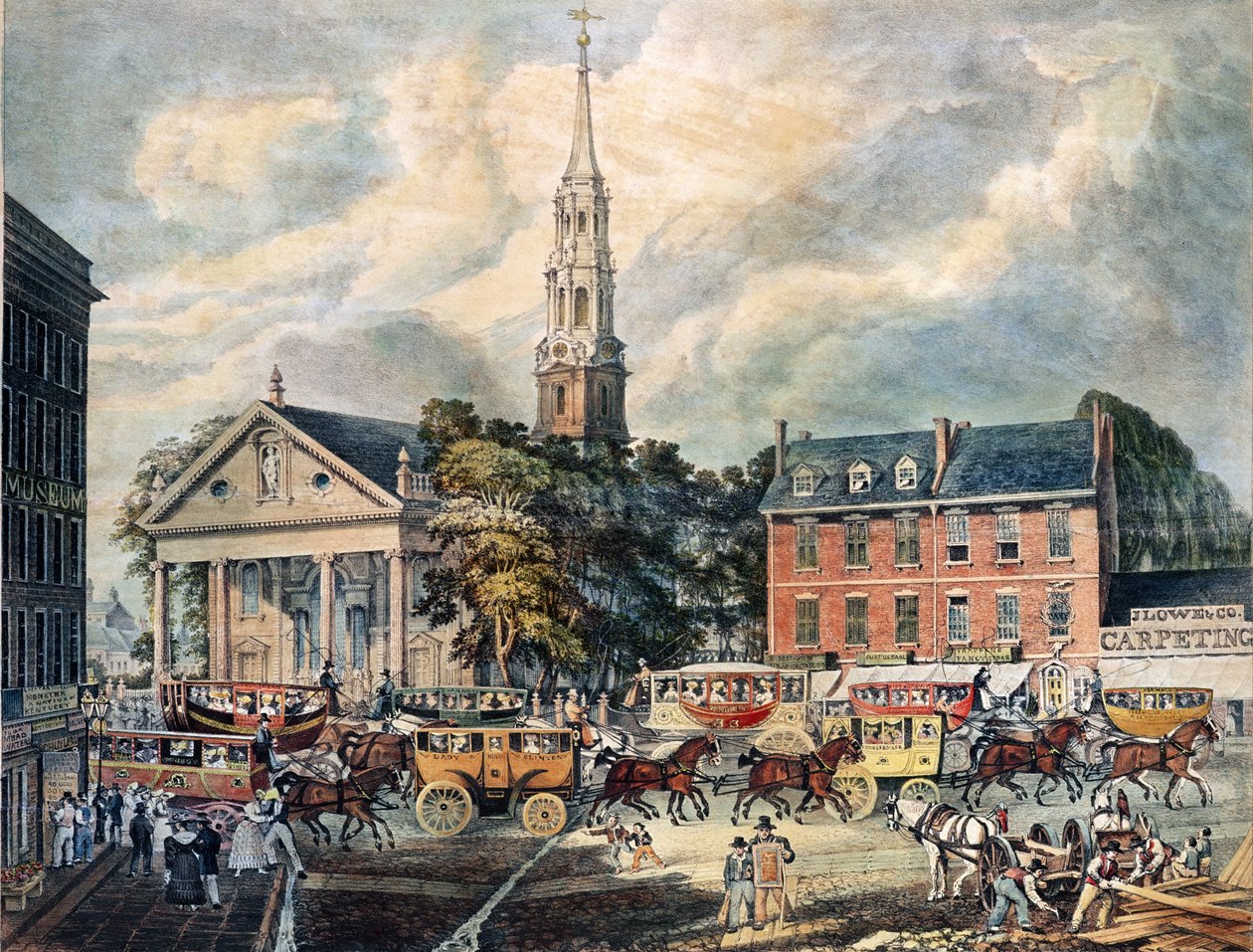 Utsikt over St. Pauls Chapel og Broadway Stages, New York av American School