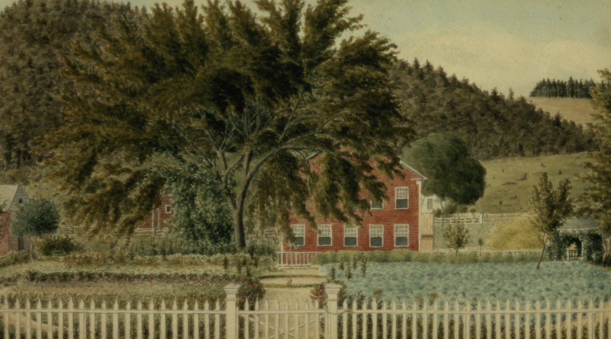 Utsikt over et rødt hus med stakittgjerde, 1854 (wc med gouache på papir) av American School