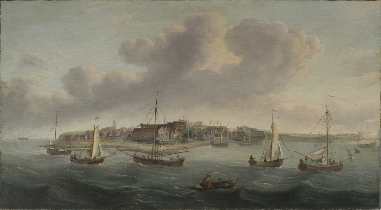 Utsikt over en havneby, 1760 av American School