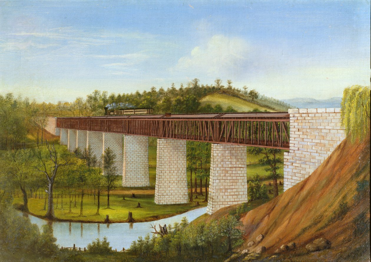 Utsikt over en overbygd bro og jernbane, ca. 1870 av American School