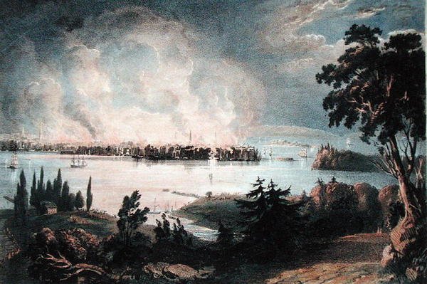 Utsikt over byen New York fra Weehawk under den store brannen, 16. desember 1835, gravert av Day og Haghe (farge litho) av American School