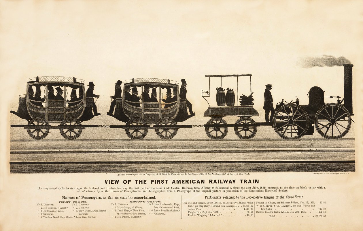 Utsikt over det første amerikanske jernbanetoget, pub. 1865 av American School