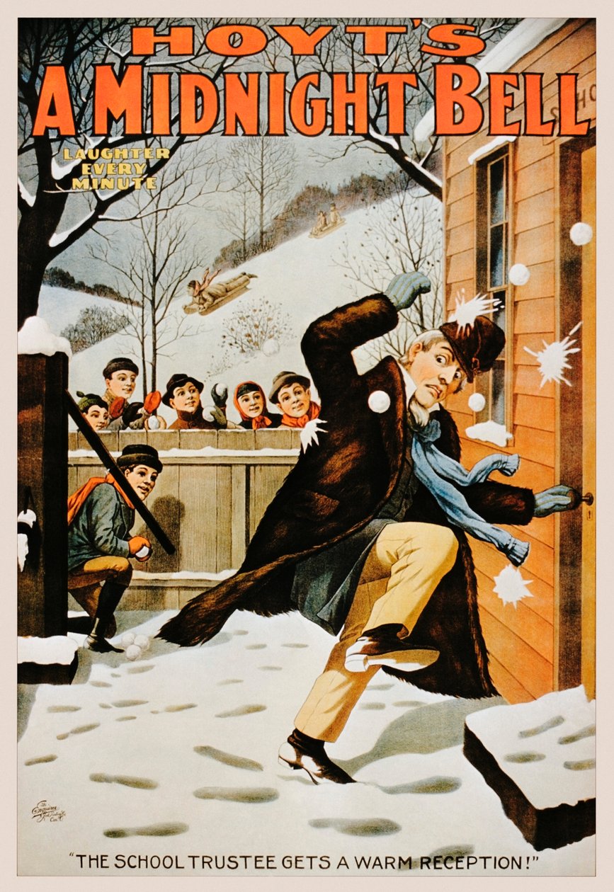 Vintage plakat av gutter som kaster mannen med snøballer, 1890-99 av American School