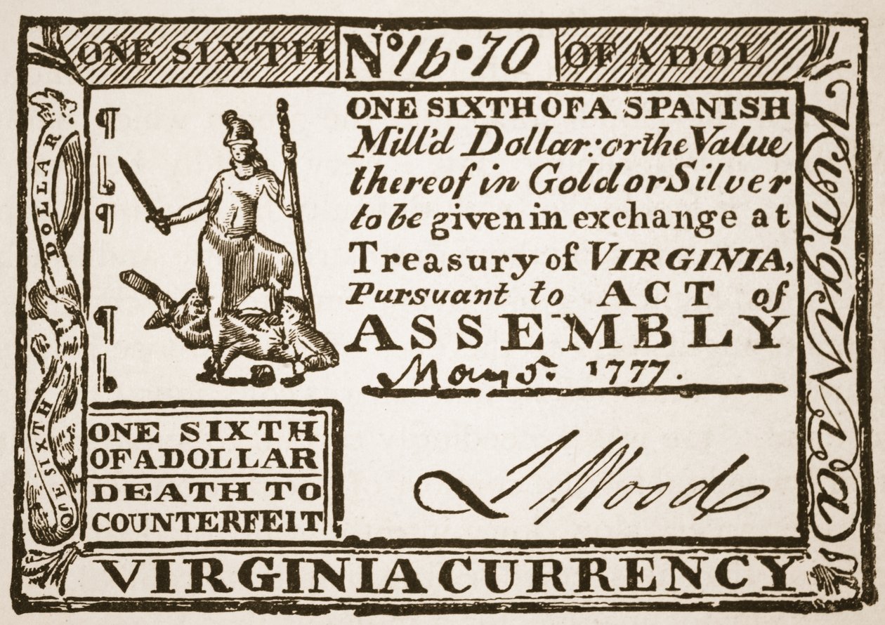 Virginia Currency, lik en sjettedel av en spansk dollar, 1777 av American School