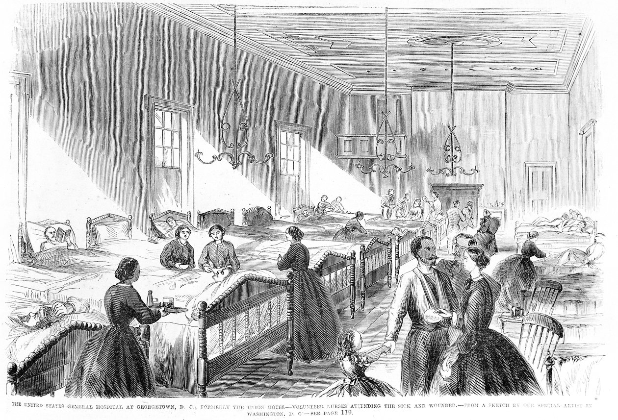 Frivillige sykepleiere som behandler syke ved US General Hospital i Georgetown, fra Frank Leslie