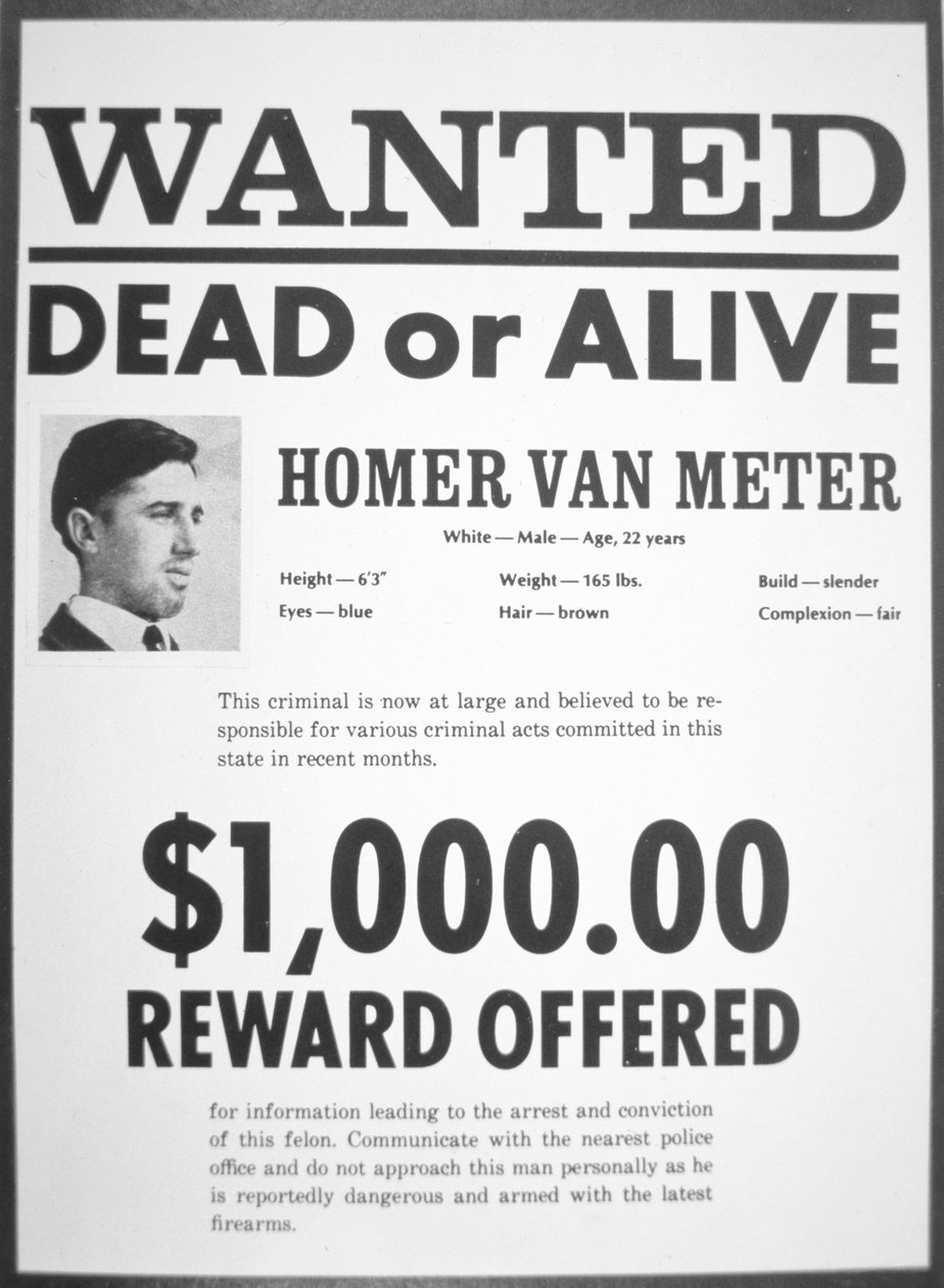 Etterlyst plakat for Homer van Meter (avis) av American School