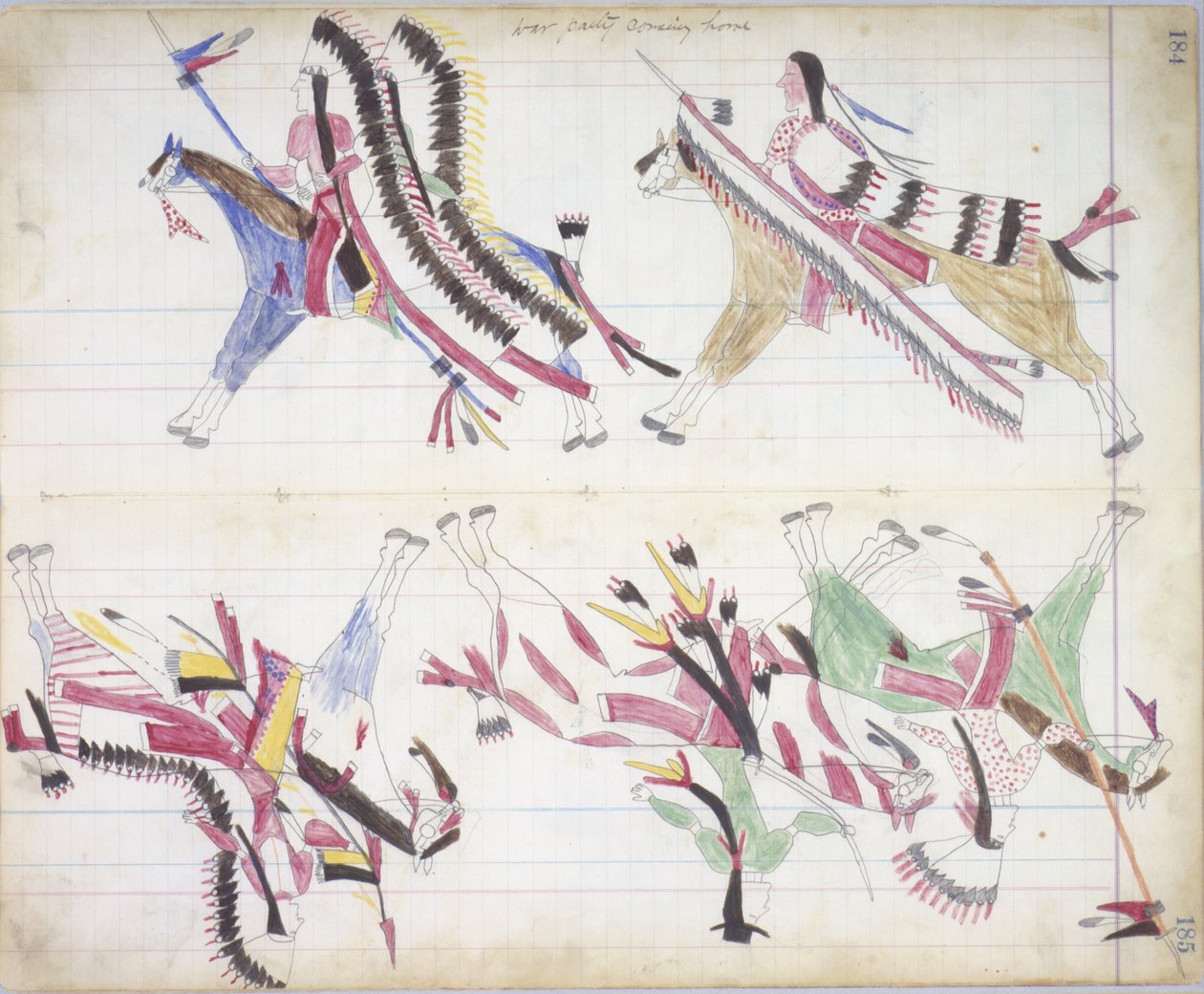 Krigsfest som kommer hjem, illustrasjon fra Black Horse Ledger, 1877-79 (blyant og fargestift på papir) av American School