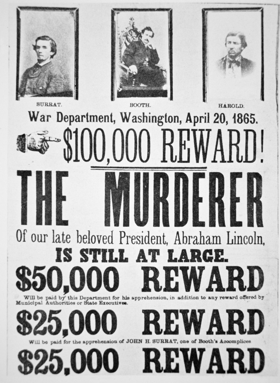Washington War Department-plakat som kunngjør en belønning på 000 for å finne morderen til Abraham Lincoln (1809-65) 20. april 1865 (litho) av American School