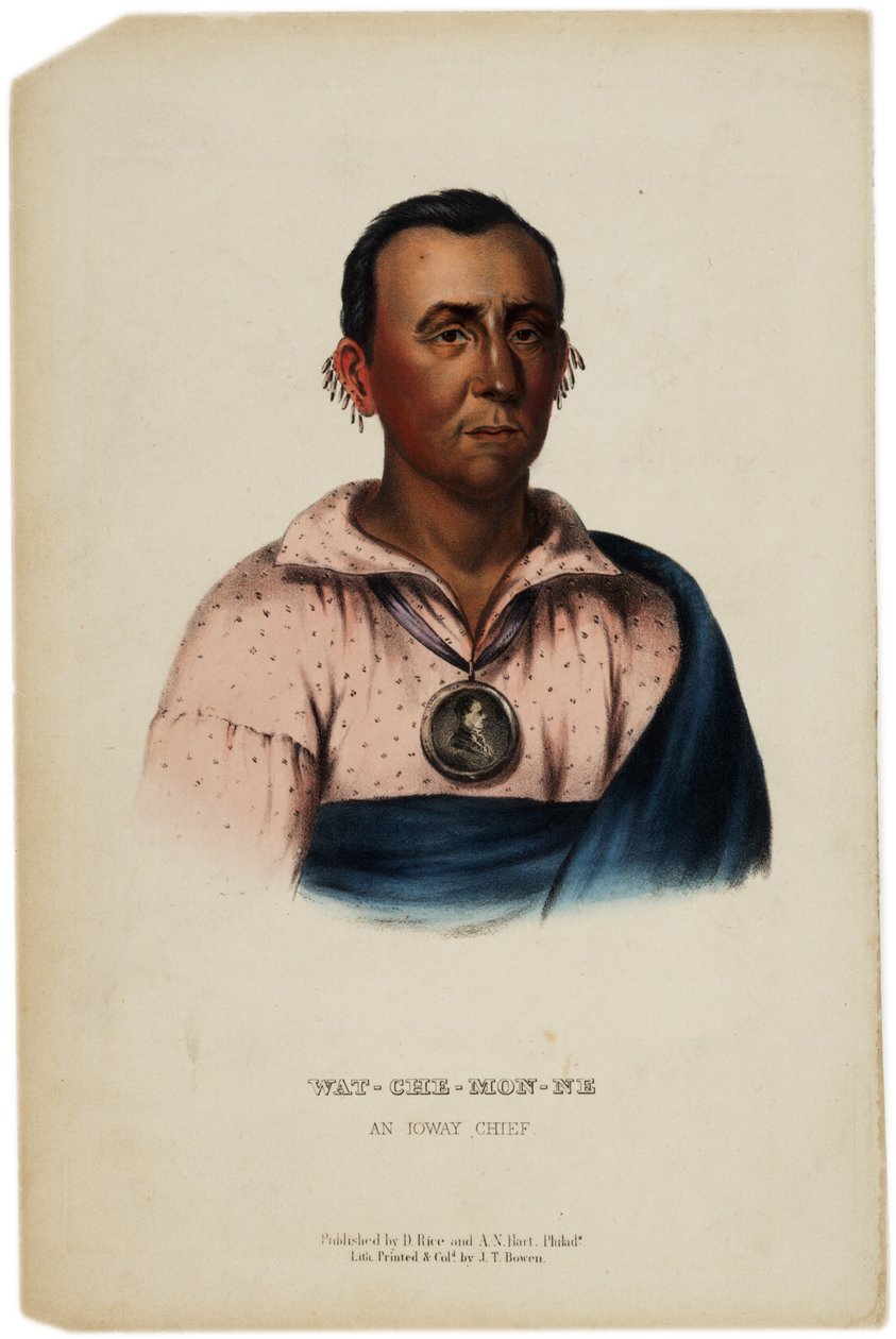 Wat-Che-Mon-Ne, Ioway-sjef, trykk laget av J. T. Bowen, illustrasjon fra The History of the Indian Tribes of North America av Thomas L. McKenney og James Hall, ca. 1842-70 av American School