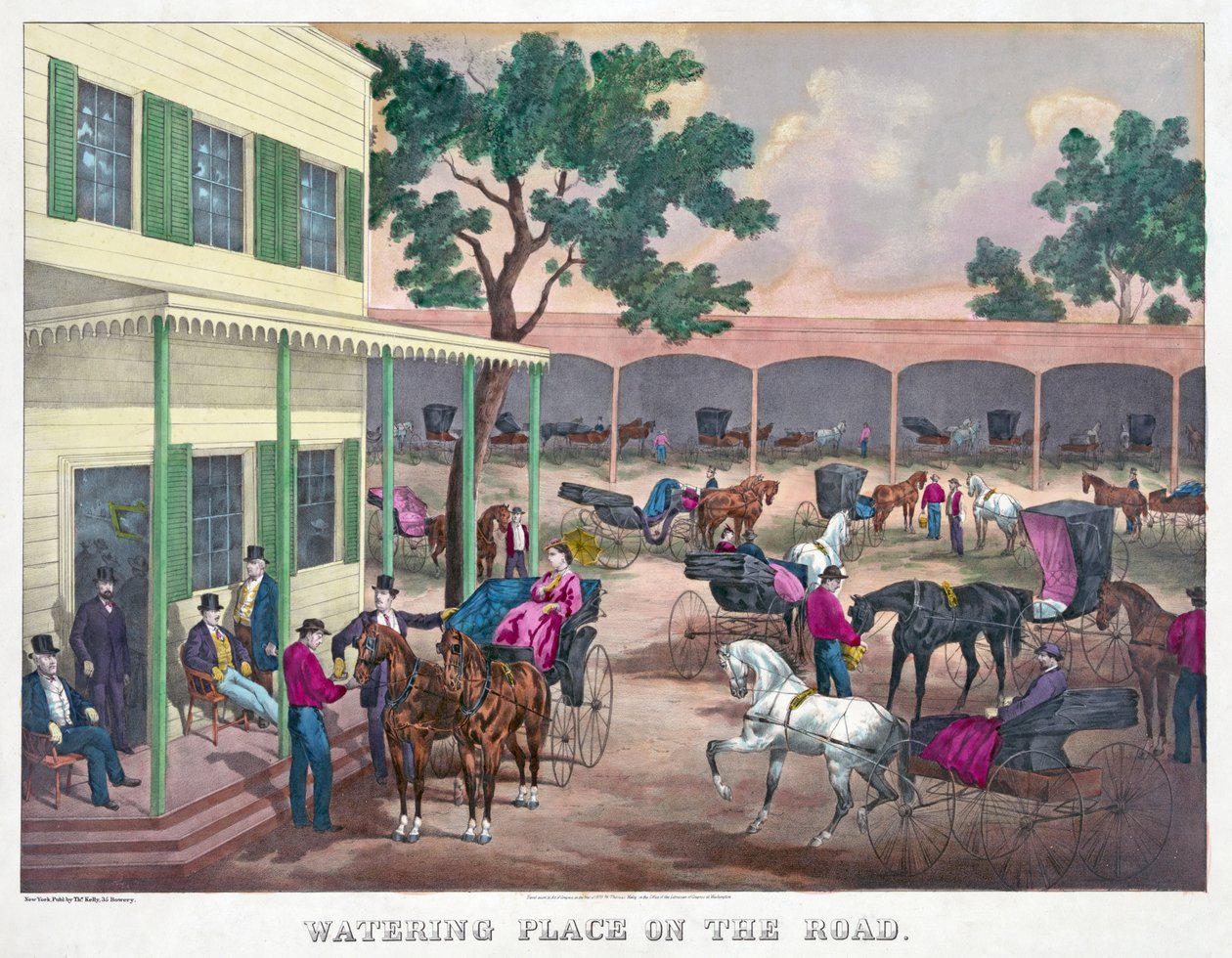 Watering Place on the Road, pub. 1870 (håndfarget gravering) av American School