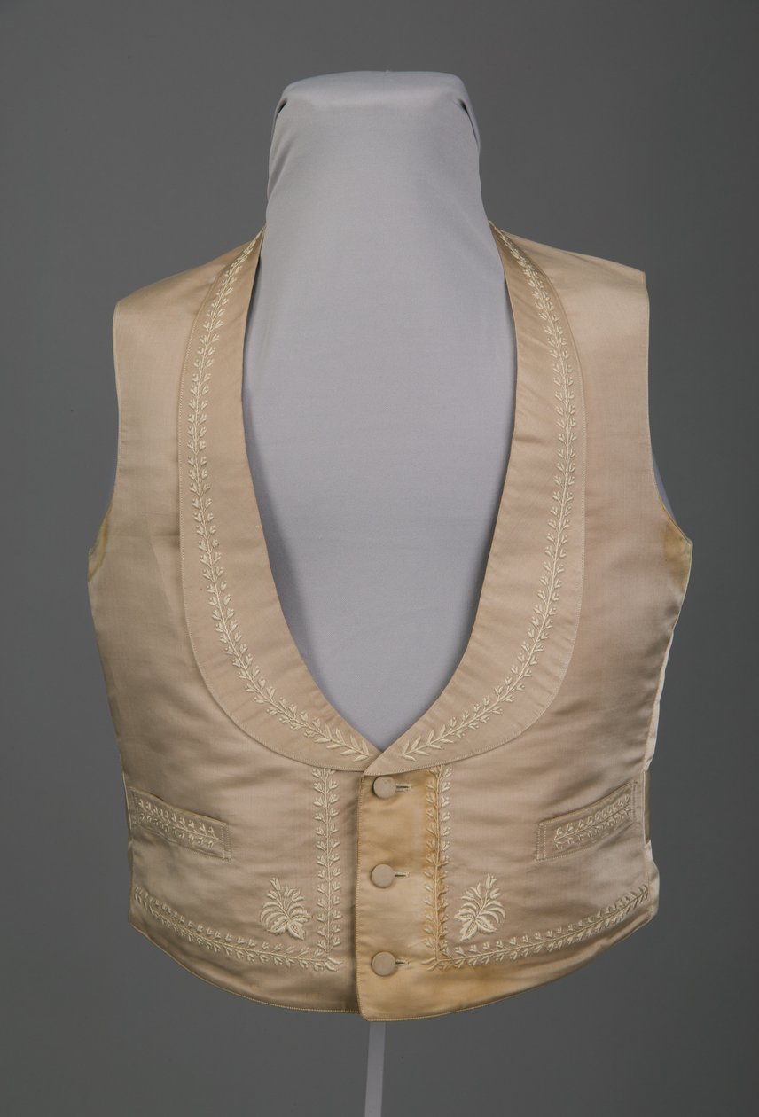 Bryllupsvest, ca.1855 (sett forfra), silkebrokade, silketrådsbroderi, lin, Wallin & O