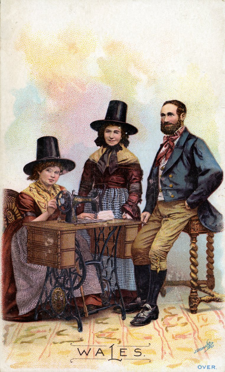 Walisisk familie gruppert rundt en Singer-symaskin, ca. 1893 av American School
