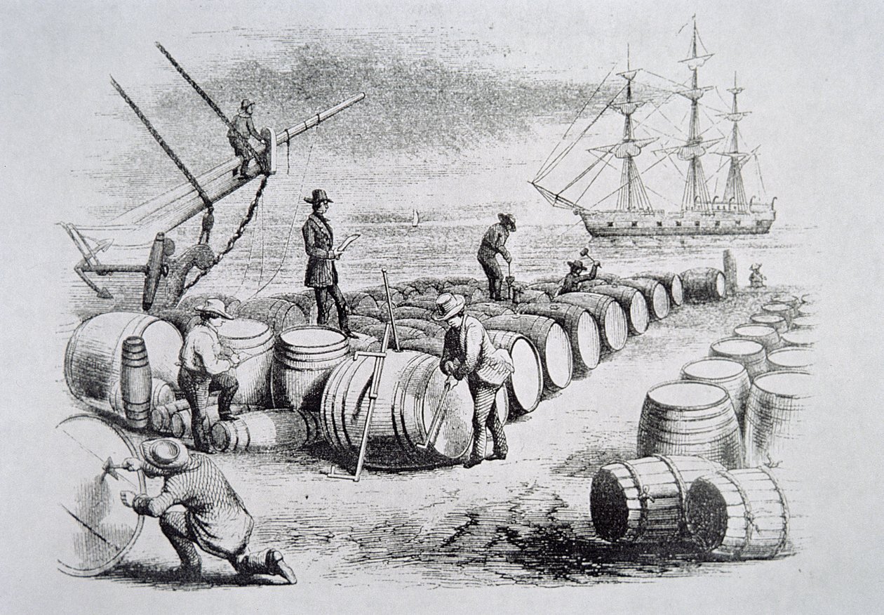 Hvalfangere som måler olje i fat, fra The American Whale Fishery, ca. 1850 (gravering) av American School