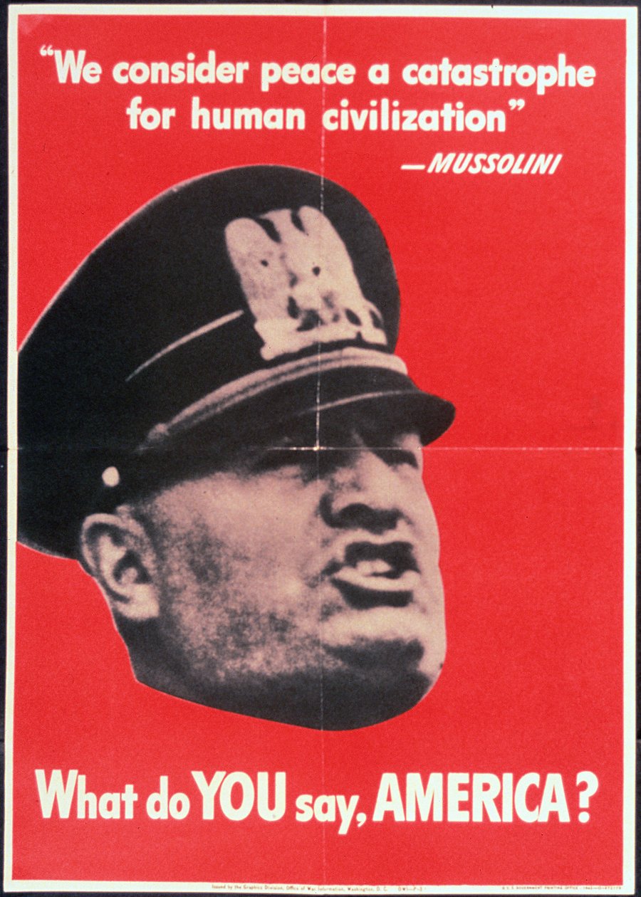 "Hva sier DU AMERICA?", USAs 2. verdenskrigsplakat med ansiktet til Mussolini, Anon, ca. 1942 av American School