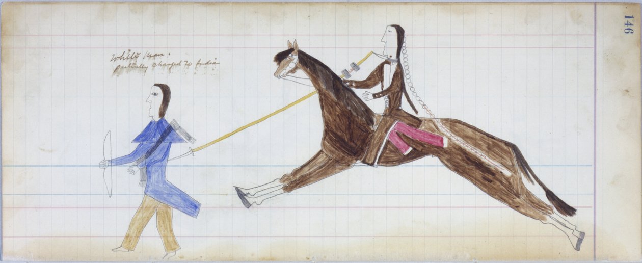 Hvit mann endret delvis til indisk, illustrasjon fra Black Horse Ledger, 1877-79 (blyant og fargestift på papir) av American School