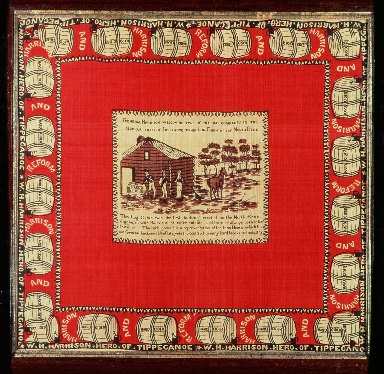 William Henry Harrison ønsker to gamle kamerater velkommen på Log Cabin, 1840 (silke) av American School