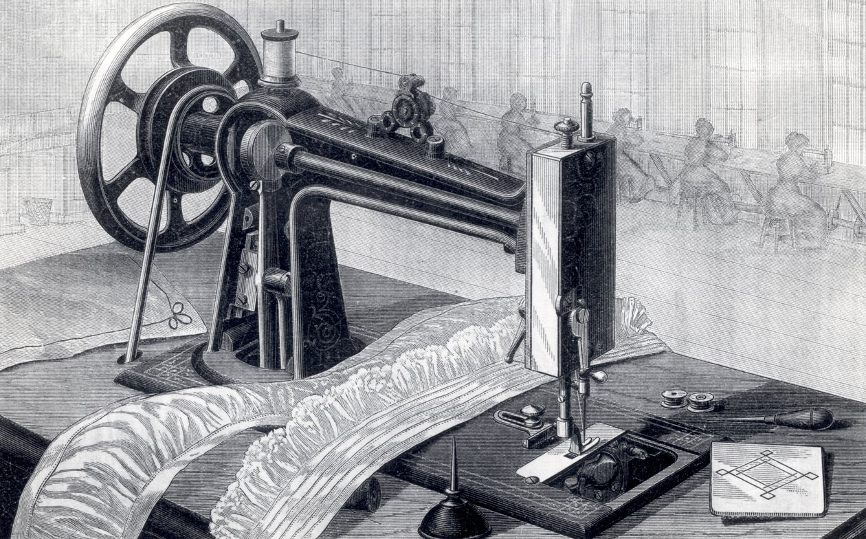 Wilson symaskin, som viser beltedrift fra tråkke og oljekanne, fra Park Benjamin Appletons Cyclopedia of Applied Machines, publisert 1880 av American School