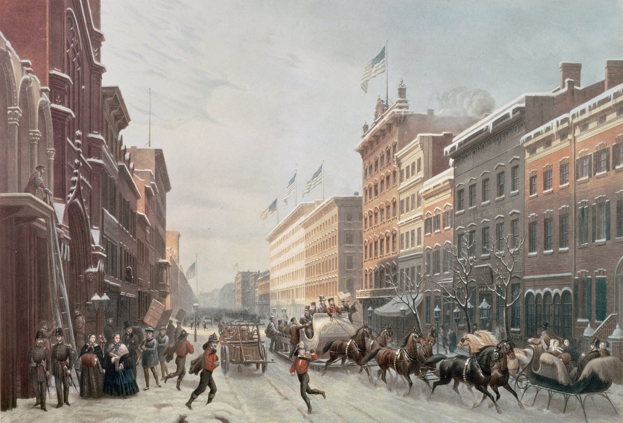 Vinterscene på Broadway, New York, 1857 av American School