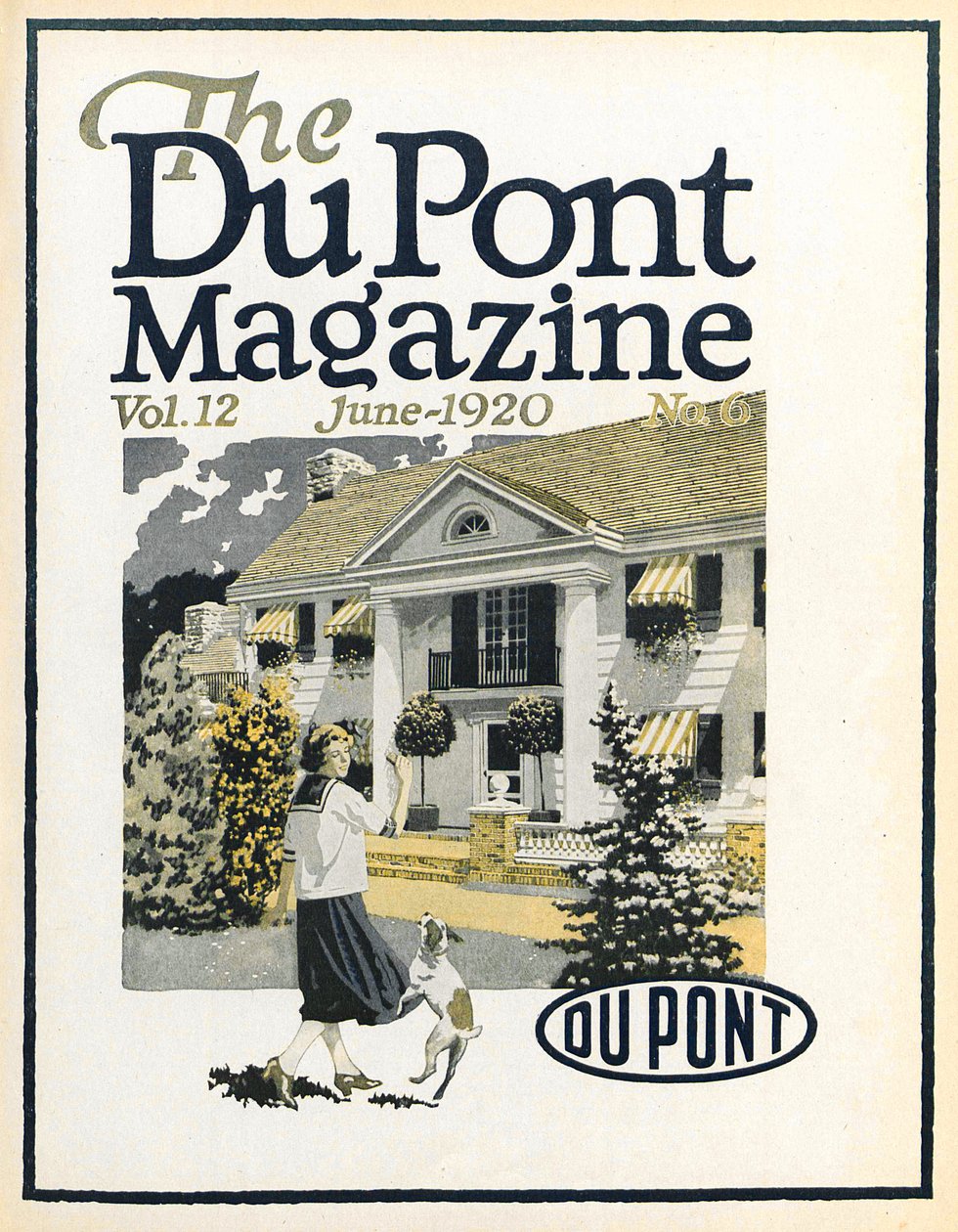 Kvinne og hund, forside av DuPont Magazine, juni 1920 av American School